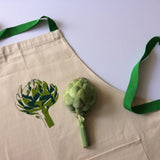 Apron with artichoke screen print, designed by Curious Lions and made in the UK. This unisex natural cotton item makes a rustic gift.