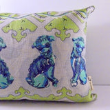 Cushion in natural linen 250 gsm with blue foo dog print, removable pad and cover 35 x 45cm. Designed by Curious Lions and made in the UK.